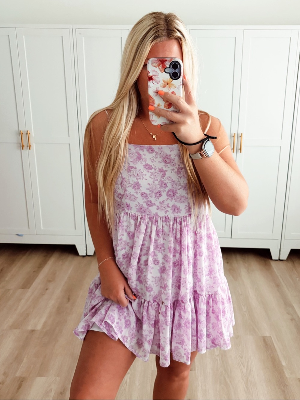 Pink and purple floral ruffle tier mini dress